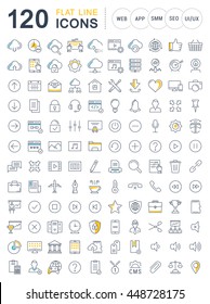 Set vector line icons in flat design smm, cms, seo and ui, ux design with elements for mobile concepts and web apps. Collection modern infographic logo and pictogram.