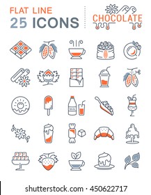 Set vector line icons in flat design chocolate, dessert, cacao and candy with elements for mobile concepts and web apps. Collection modern infographic logo and pictogram.