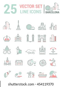 Set vector line icons in flat design with  Barcelona elements for mobile concepts and web apps. Collection modern infographic logo and pictogram.