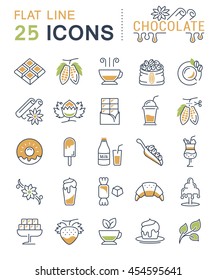 Set vector line icons in flat design chocolate, dessert, cacao and candy with elements for mobile concepts and web apps. Collection modern infographic logo and pictogram.