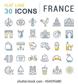 Set vector line icons in flat design France, Paris and Europe with elements for mobile concepts and web apps. Collection modern infographic logo and pictogram.