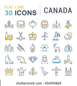 Set vector line icons in flat design Canada, North America and architecture with elements for mobile concepts and web apps. Collection modern infographic logo and pictogram.