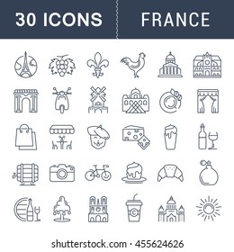 Set vector line icons in flat design France, Paris and Europe with elements for mobile concepts and web apps. Collection modern infographic logo and pictogram.