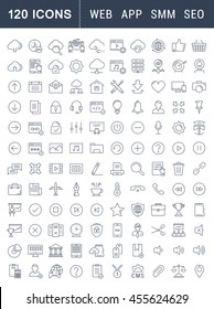 Set vector line icons in flat design smm, cms, seo and ui, ux design with elements for mobile concepts and web apps. Collection modern infographic logo and pictogram.