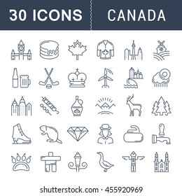 Set vector line icons in flat design Canada, North America and architecture with elements for mobile concepts and web apps. Collection modern infographic logo and pictogram.