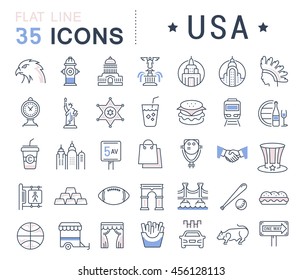 Set vector line icons in flat design USA, New York and America with elements for mobile concepts and web apps. Collection modern infographic logo and pictogram.