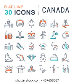 Set vector line icons in flat design Canada, North America and architecture with elements for mobile concepts and web apps. Collection modern infographic logo and pictogram.