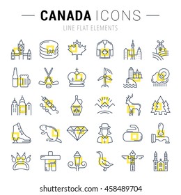 Set vector line icons in flat design Canada, North America and architecture with elements for mobile concepts and web apps. Collection modern infographic logo and pictogram.