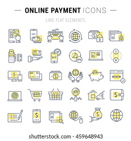 Set vector line icons in flat design online banking, payment and online shopping with elements for mobile concepts and web apps. Collection modern infographic logo and pictogram.