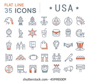 Set vector line icons in flat design USA, New York and America with elements for mobile concepts and web apps. Collection modern infographic logo and pictogram.