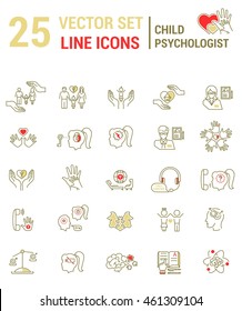 Set vector line icons in flat design with psychological help for kids elements