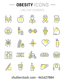 Set vector line icons in flat design obesity, junk food and health with elements for mobile concepts and web apps. Collection modern infographic logo and pictogram.
