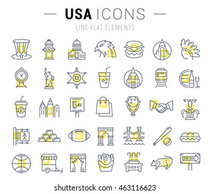 Set vector line icons in flat design USA, New York and America with elements for mobile concepts and web apps. Collection modern infographic logo and pictogram.