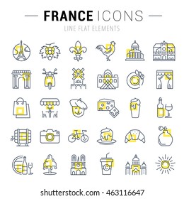 Set vector line icons in flat design France, Paris and Europe with elements for mobile concepts and web apps. Collection modern infographic logo and pictogram.