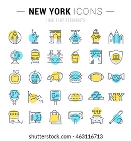 Set vector line icons in flat design New York and USA with elements for mobile concepts and web apps. Collection modern infographic logo and pictogram.