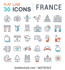 Set vector line icons in flat design France, Paris and Europe with elements for mobile concepts and web apps. Collection modern infographic logo and pictogram.