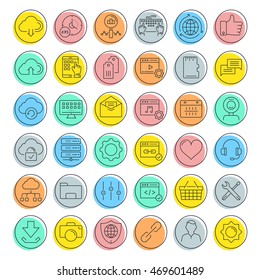 Set vector line icons in flat design smm, cms, seo and ui, ux design with elements for mobile concepts and web apps. Collection modern infographic logo and pictogram.