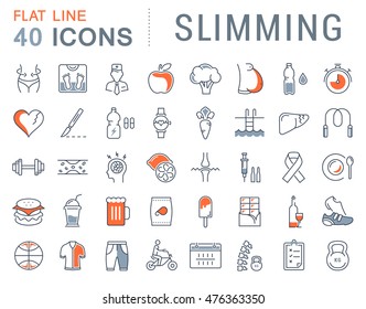 Set vector line icons in flat design Slimming, Healthy Food and Diet with elements for mobile concepts and web apps. Collection modern infographic logo and pictogram.