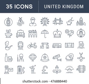 Establecer iconos de línea vectorial en diseño plano Reino Unido, Inglaterra, Irlanda y Escocia con elementos para conceptos móviles y aplicaciones web. Colección moderna de logotipo y pictograma infográfico.