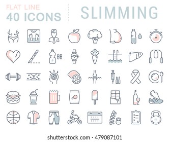 Set vector line icons in flat design Slimming, Healthy Food and Diet with elements for mobile concepts and web apps. Collection modern infographic logo and pictogram.