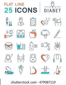 Set vector line icons in flat design diabet and diabetes mellitus with elements for mobile concepts and web apps. Collection modern infographic logo and pictogram.