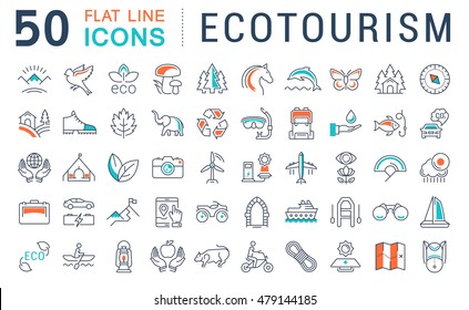 Set vector line icons in flat design eco, ecotourism and recycle with elements for mobile concepts and web apps. Collection modern infographic logo and pictogram.