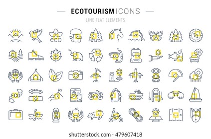 Set vector line icons in flat design eco, ecotourism and recycle with elements for mobile concepts and web apps. Collection modern infographic logo and pictogram.