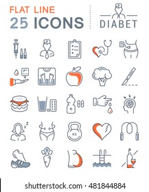 Set vector line icons in flat design diabet and diabetes mellitus with elements for mobile concepts and web apps. Collection modern infographic logo and pictogram.