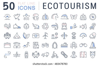 Set vector line icons in flat design eco, ecotourism and recycle with elements for mobile concepts and web apps. Collection modern infographic logo and pictogram.