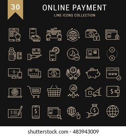 Set vector line icons in flat design online banking, payment and online shopping with elements for mobile concepts and web apps. Collection modern infographic logo and pictogram.