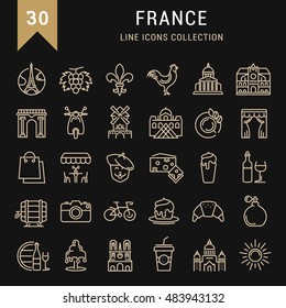 Set vector line icons in flat design France, Paris and Europe with elements for mobile concepts and web apps. Collection modern infographic logo and pictogram.