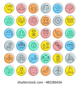 Set vector line icons in flat design eco, ecotourism and recycle with elements for mobile concepts and web apps. Collection modern infographic logo and pictogram.