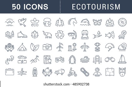 Set vector line icons in flat design eco, ecotourism and recycle with elements for mobile concepts and web apps. Collection modern infographic logo and pictogram.