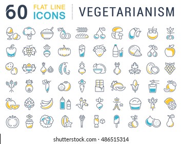 Set vector line icons in flat design Vegetarianism and Vegan with elements for mobile concepts and web apps. Collection modern infographic logo and pictogram.