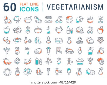 Set vector line icons in flat design Vegetarianism and Vegan with elements for mobile concepts and web apps. Collection modern infographic logo and pictogram.