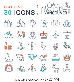 Set vector line icons in flat design Vancouver and Canada with elements for mobile concepts and web apps. Collection modern infographic logo and pictogram.