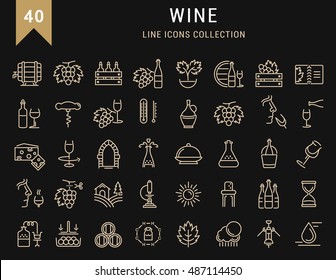 Set vector line icons in flat design wine making, grape cultivation, tasting, storage and sale of wine with elements for mobile concepts and web apps. Collection modern infographic logo and pictogram.
