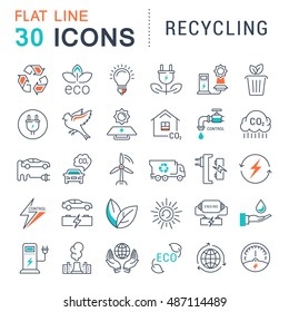 Set vector line icons in flat design recycling, eco, bio, clean energy, save water and world with elements for mobile concepts and web apps. Collection modern infographic logo and pictogram.