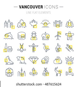Set vector line icons in flat design Vancouver and Canada with elements for mobile concepts and web apps. Collection modern infographic logo and pictogram.