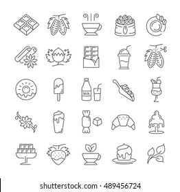 Set vector line icons in flat design chocolate, dessert, cacao and candy with elements for mobile concepts and web apps. Collection modern infographic logo and pictogram.