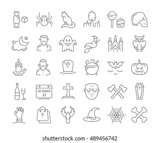 Set vector line icons in flat design Halloween party, zombie, vampire and cat. Elements to design sites, banners, business cards, games mobile applications. Collection infographic logo and pictogram.
