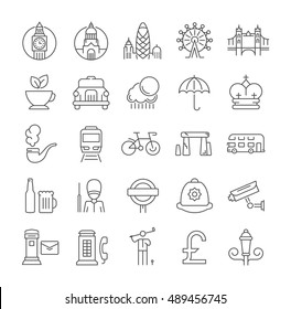 Set vector line icons in flat design London and England with elements for mobile concepts and web apps. Collection modern infographic logo and pictogram.