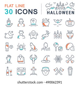 Set vector line icons in flat design Halloween party, zombie, vampire and cat. Elements to design sites, banners, business cards, games mobile applications. Collection infographic logo and pictogram.