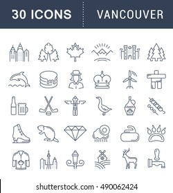 Set vector line icons in flat design Vancouver and Canada with elements for mobile concepts and web apps. Collection modern infographic logo and pictogram.