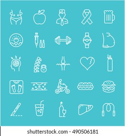 Set vector line icons in flat design obesity, junk food and health with elements for mobile concepts and web apps. Collection modern infographic logo and pictogram.