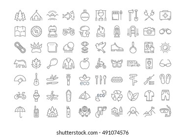 Set vector line icons in flat design camping, eco and ecotourism with elements for mobile concepts and web apps. Collection modern infographic logo and pictogram.