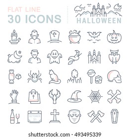 Set vector line icons in flat design Halloween party, zombie, vampire and cat. Elements to design sites, banners, business cards, games mobile applications. Collection infographic logo and pictogram.