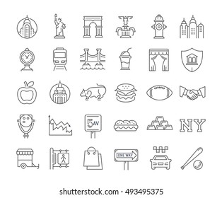 Establecer iconos de línea vectorial en diseño plano Nueva York y Estados Unidos con elementos para conceptos móviles y aplicaciones web. Colección moderna de logotipo y pictograma infográfico.