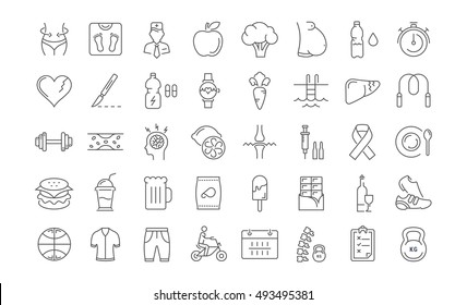 Set vector line icons in flat design Slimming, Healthy Food and Diet with elements for mobile concepts and web apps. Collection modern infographic logo and pictogram.