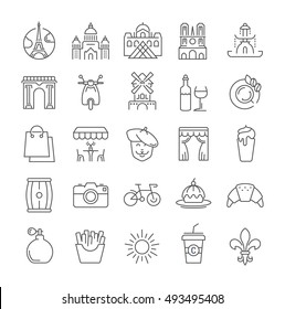 Set vector line icons in flat design Paris and France with elements for mobile concepts and web apps. Collection modern infographic logo and pictogram.